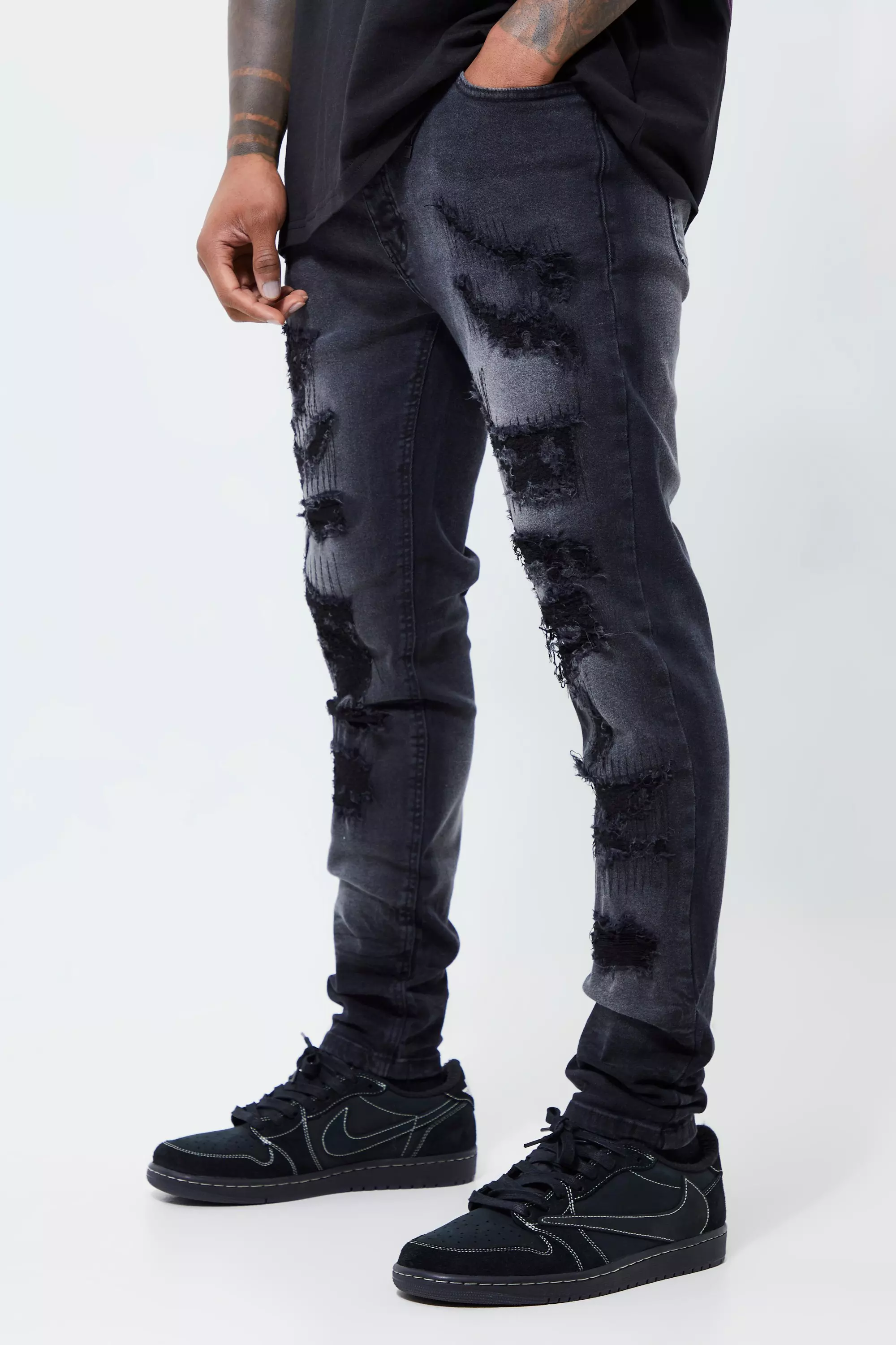 Skinny Stretch All Over Ripped Jeans boohooMAN USA